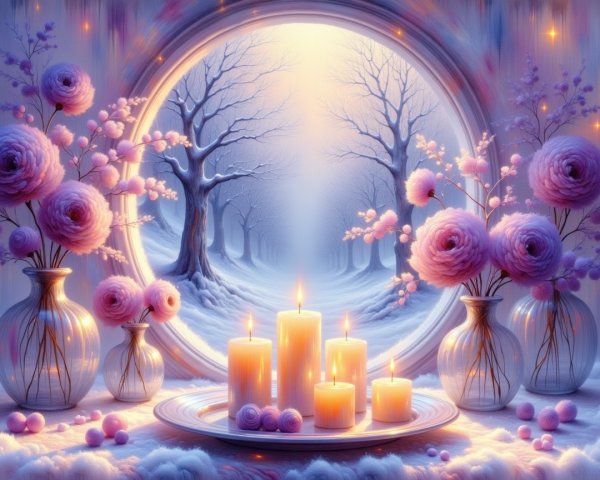 Winter Scene Through Circular Window with Candlelight