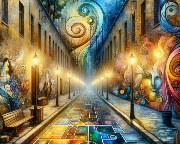 Surreal Alleyway with Colorful Murals and Light