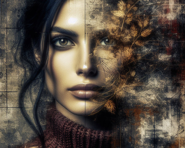 Portrait of a woman with expressive eyes and floral background