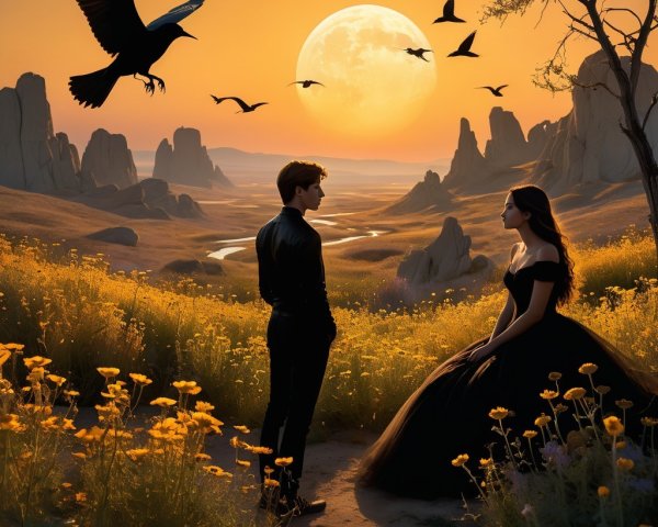 Romantic Dusk Scene with Couple in Yellow Flowers
