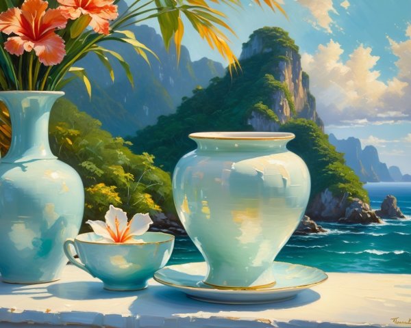 Serene Still-Life with Turquoise Vases and Coastal View