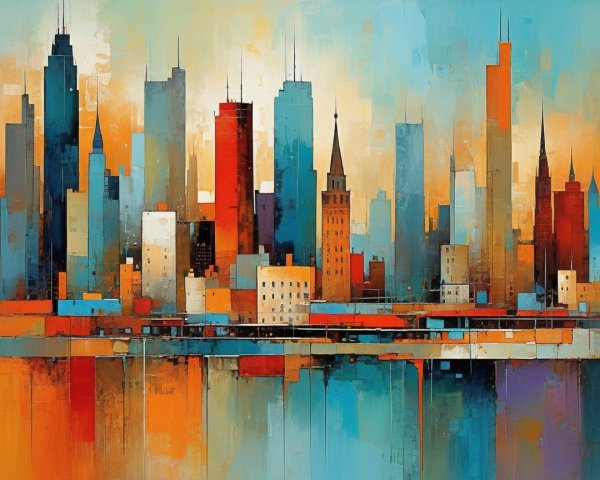 Vibrant Cityscape with Colorful Skyscrapers and Water