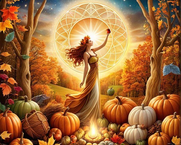 Mystical figure in autumn landscape with harvest elements