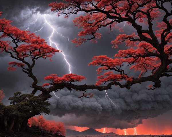 Gnarled Tree with Red Leaves Under Dramatic Sky