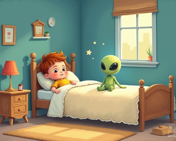 Young Boy and Alien in Cozy Bedroom Setting