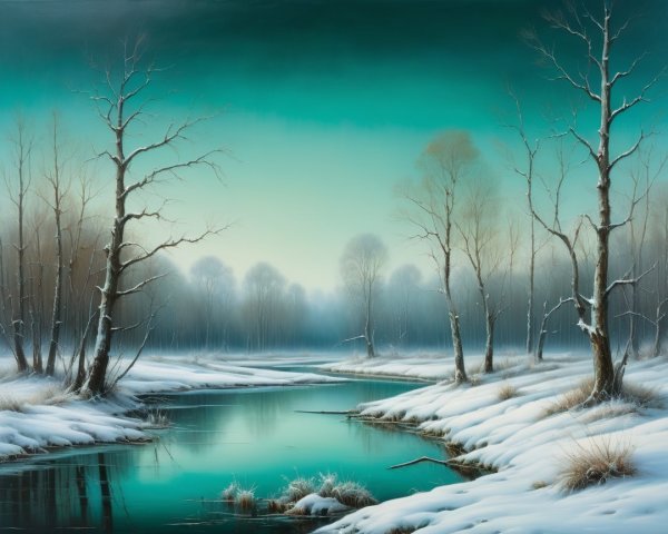 Winter Landscape with River and Snow-Covered Trees