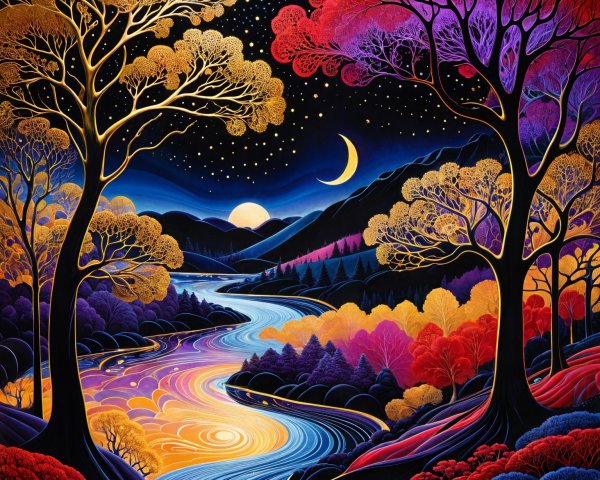 Moonlit River Landscape with Colorful Trees and Stars