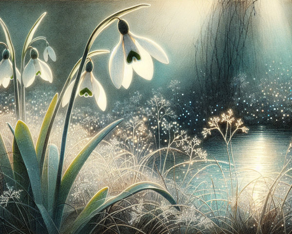 Nocturnal Scene of Snowdrop Flowers and Moonlight