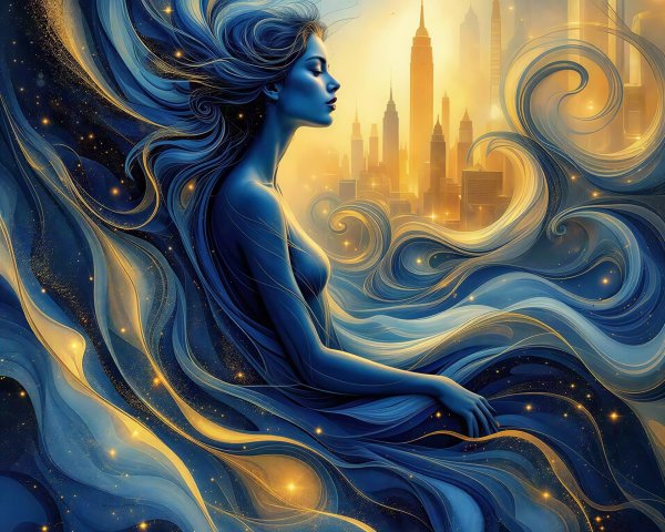 Digital Artwork of a Serene Woman with Blue Skin