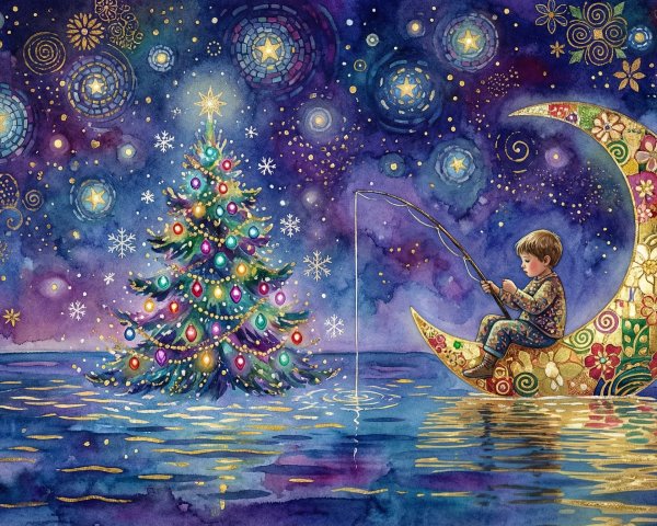 Watercolor Painting of Boy Fishing on Crescent Moon