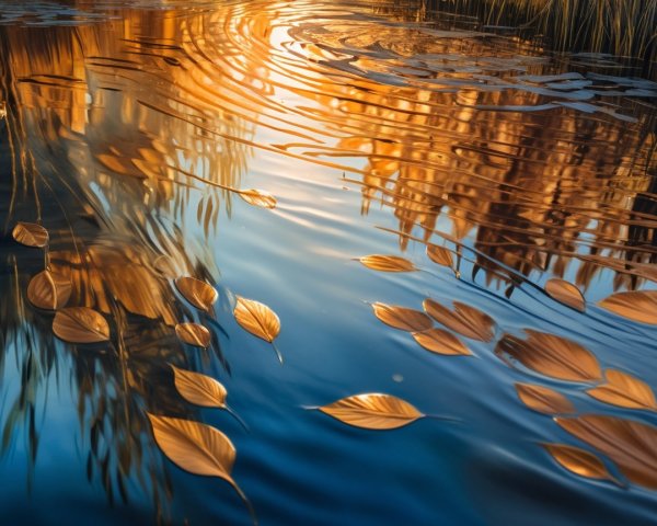 Serene Water Scene with Floating Golden Leaves