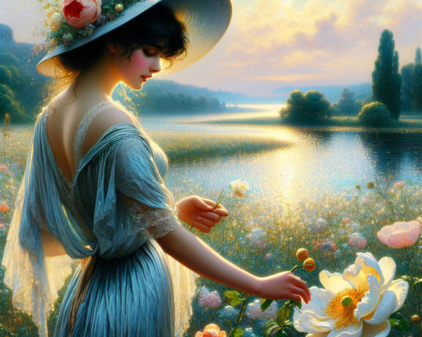 Dreamy Artwork of Woman in Blue Sundress and Flowers
