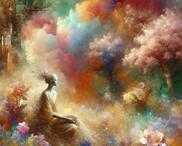 Serene Figure in Vibrant Landscape with Colorful Clouds