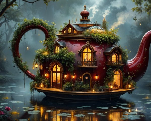 Teapot-Shaped House by Tranquil Lake and Greenery