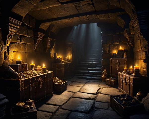 Dimly Lit Stone Chamber with Treasure Chests and Jewels
