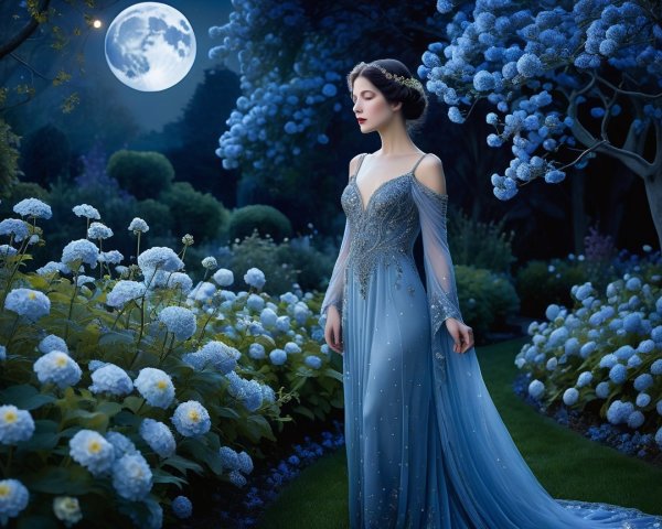 Serene Night Scene with Woman in Blue Gown and Hydrangeas