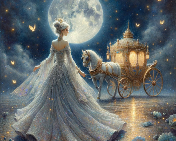 Princess by Moonlit Lake with Carriage and Butterflies