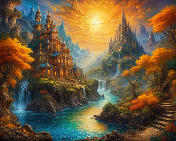 Ornate castles in a colorful, tranquil landscape