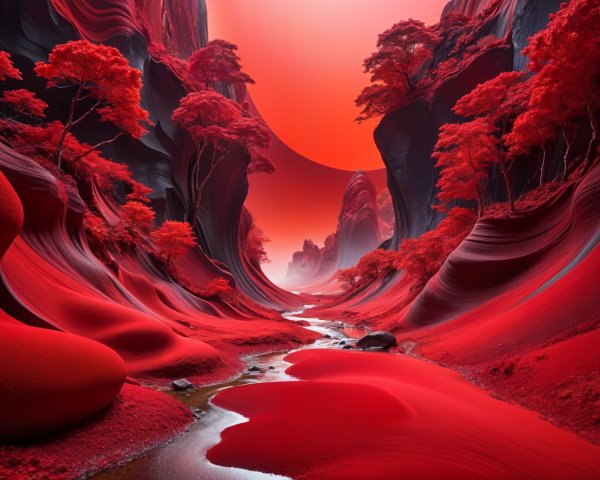 Surreal Landscape of Red Canyons and Glowing Orb