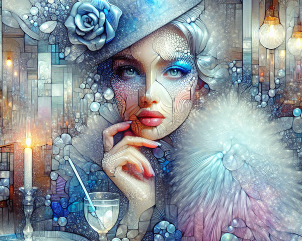 Stylized woman in blue tones with elegant accessories