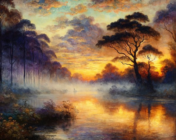 Serene Sunset Landscape with River and Silhouetted Trees
