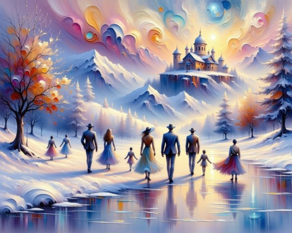 Winter Family Walk in a Scenic Mountain Landscape