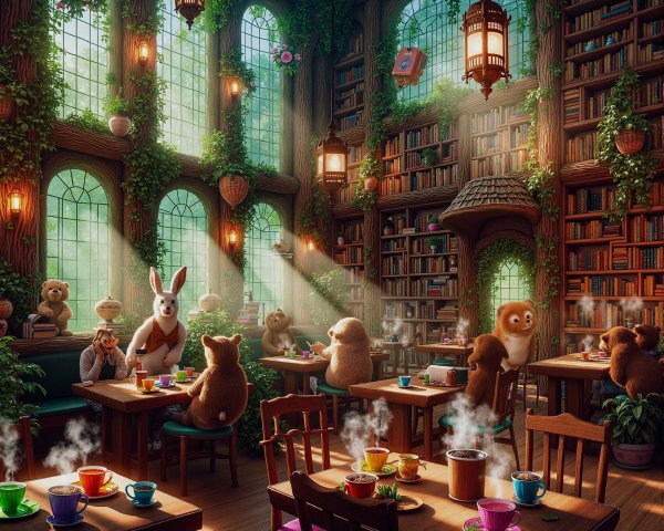 Cozy Library Scene with Animals Enjoying Tea