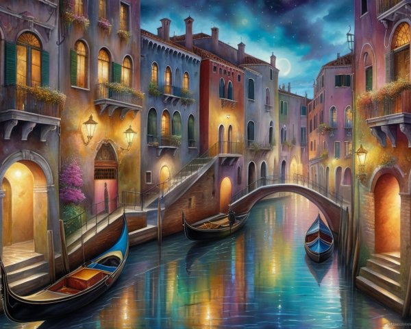 Serene Venetian Canal at Night with Soft Lighting