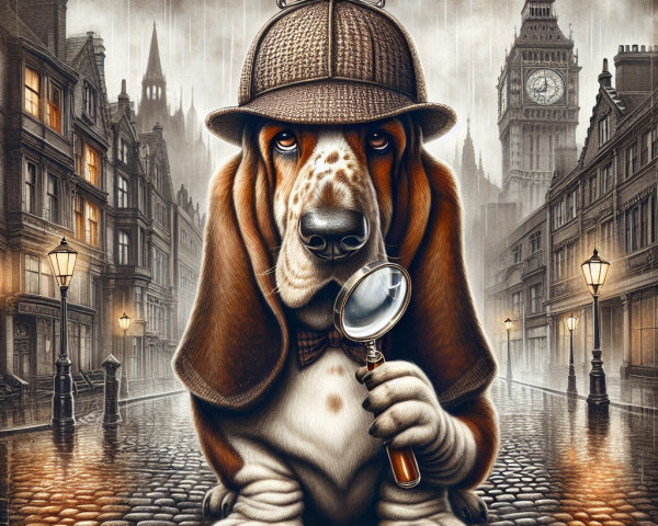 Basset Hound Detective in Foggy London Setting