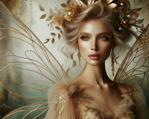 Ethereal Fairy Figure with Golden Wings and Gown
