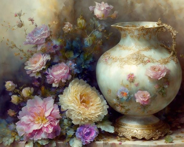 Porcelain Vase with Gold Patterns and Blooming Flowers