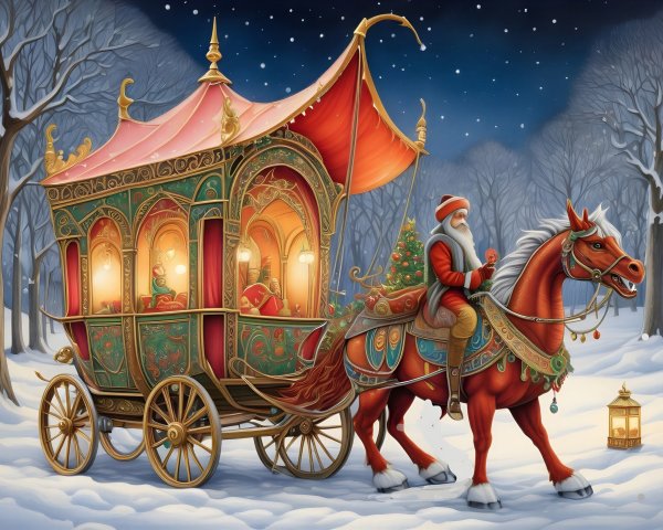 Santa Claus in a decorated horse-drawn sleigh in snow