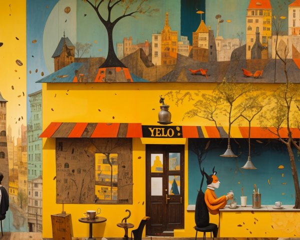 Whimsical café scene with vibrant murals and autumn trees