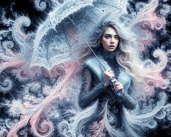 Surreal Woman with Lace Umbrella in Pastel Colors