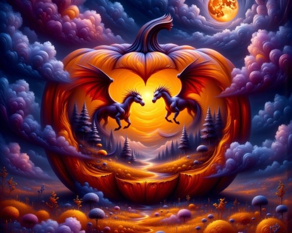 Whimsical Pumpkin and Ethereal Unicorns in Night Sky