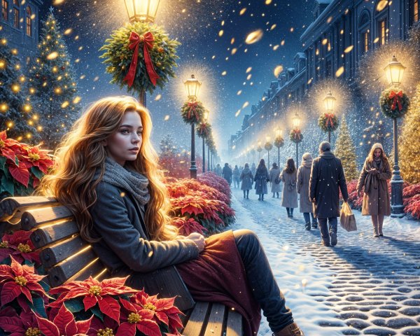 Winter Scene with Woman on Decorated Bench