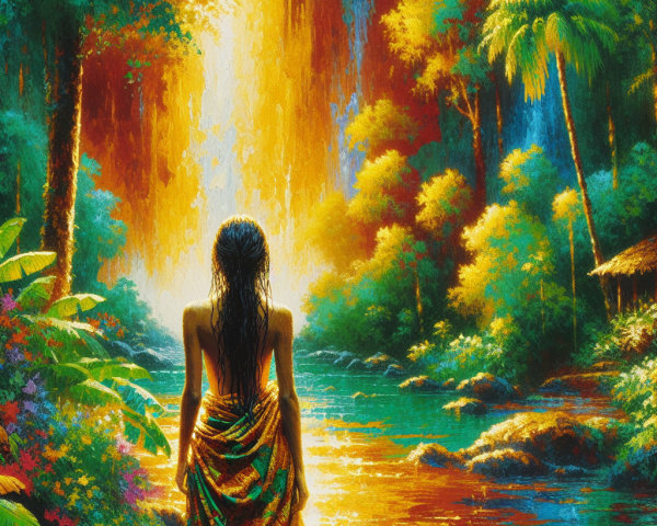 Vibrant Figure by a Waterfall in Lush Greenery