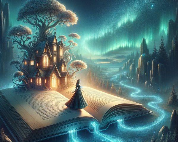 Open Book on River with Whimsical House and Auroras