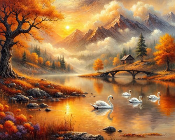 Serene Autumn Landscape with Lake and Swans