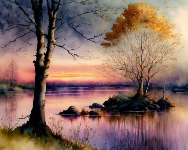 Tranquil Dusk Landscape with Lake and Autumn Trees