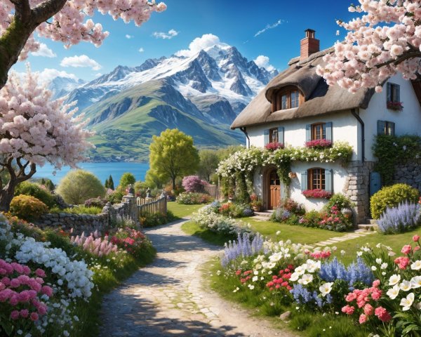 Rural Cottage Surrounded by Flowers and Mountains