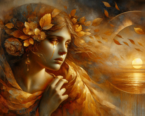 Melancholic Woman with Golden Leaves and Flowers