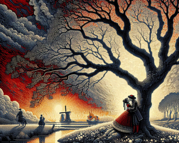 Dramatic Sunset with Historical Couple and Windmills