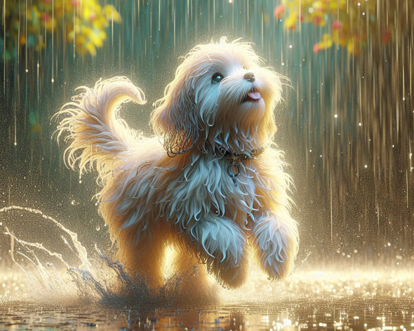 Joyful Dog Playing in Rain with Puddles and Light