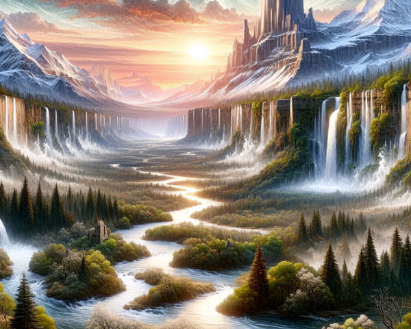 Majestic Mountains and Waterfalls in a Serene Landscape