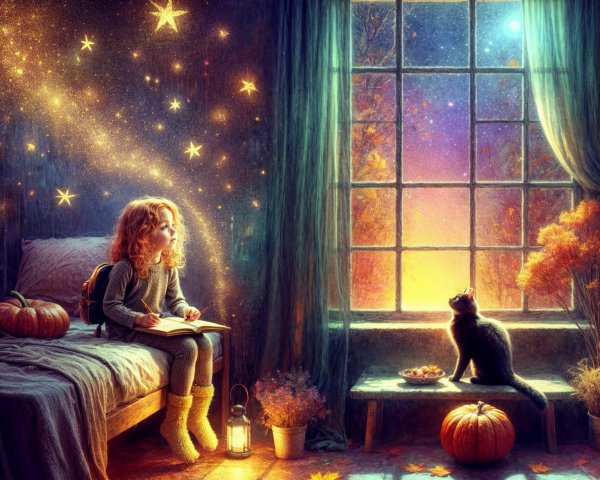 Cozy Room with Girl, Cat, and Starry Night Sky