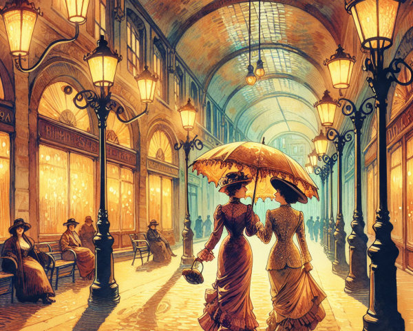 Vintage Arcade Scene with Elegant Women and Warm Lights