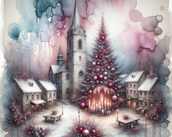 Winter Village Scene with Church and Christmas Tree
