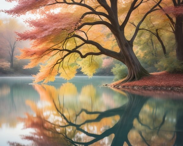Autumn Landscape with Tree and Lake Reflection