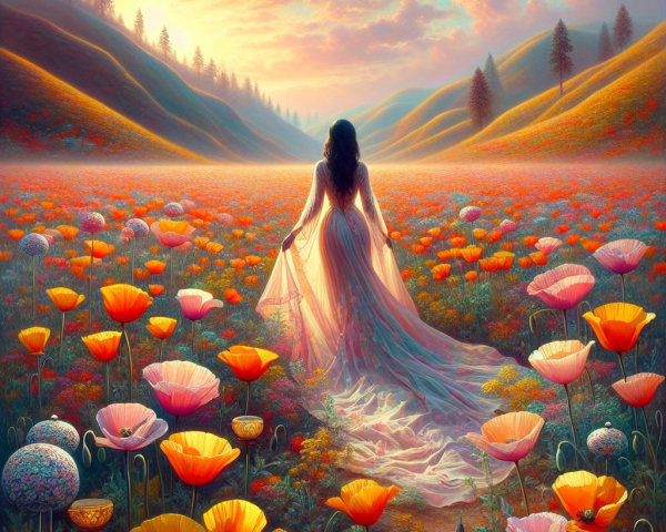 Serene Landscape with Wildflowers and Sunset Sky